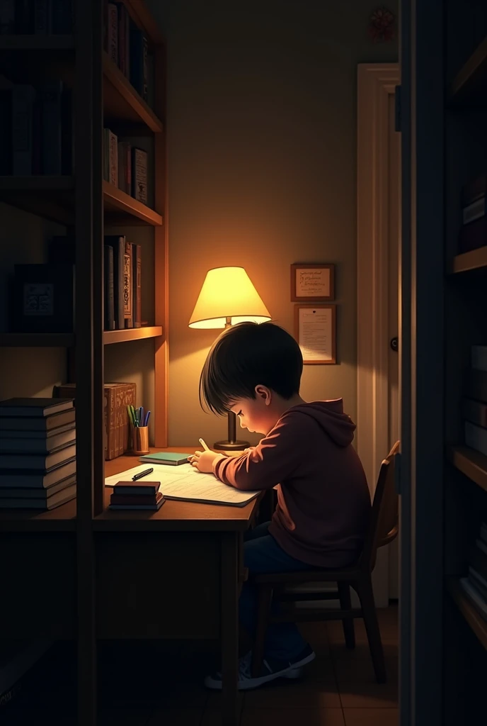 Create an image in which a 1 boy study alone in the room with night bulb light