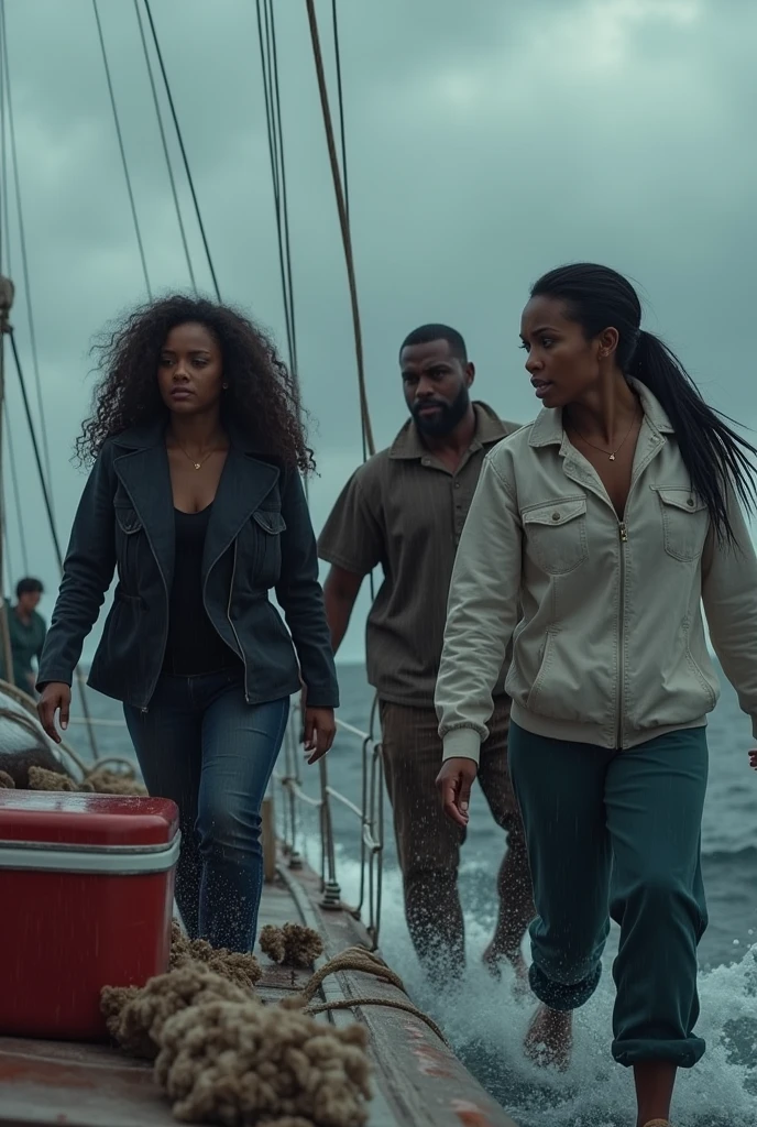 A group made up of a black brunette with black hair, a brunette with curly hair, a black man of 1,70 of. Height and a white woman with long black hair and a ponytail getting off a schooner boat with the sea rough and the whole time closed by rain carrying a cork oak cooler and food 

