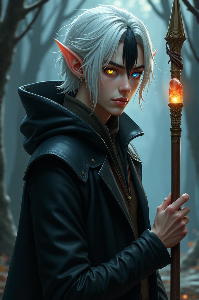 Elf-man 19 years with white hair. On the front side his hair we see black streak. One of his eye was blue, second was yellow. He wear black coat with hood. He have wooden staff with magic rock.