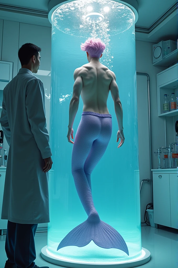 Create a realistic image of a 20-year-old Korean male merman inside a large water tank in a laboratory, your tail must be lilac and your hair pink. A scientist looks at it while touching the water tank.