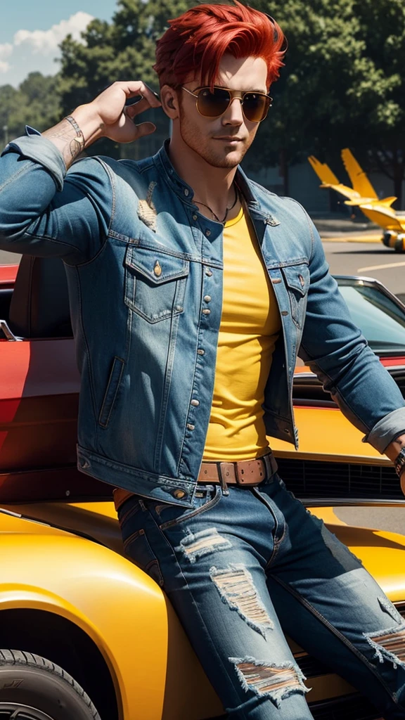 A muscular man with red hair and sunglasses sits in a yellow convertible car with a firebird flying in the background.. He is wearing a blue leather jacket and ripped jeans... The man looks confident and relaxed, enjoying the sunny weather. The firebird adds to the epic atmosphere of the scene.