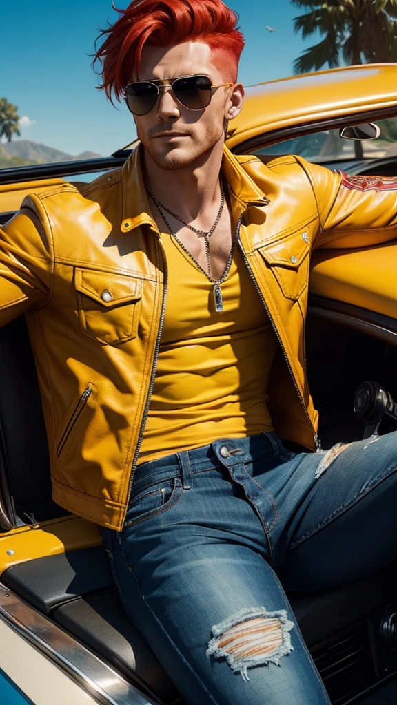 A muscular man with red hair and sunglasses sits in a yellow convertible car with a firebird flying in the background.. He is wearing a blue leather jacket and ripped jeans...  The man looks confident and relaxed, enjoying the sunny weather. The firebird adds to the epic atmosphere of the scene.
