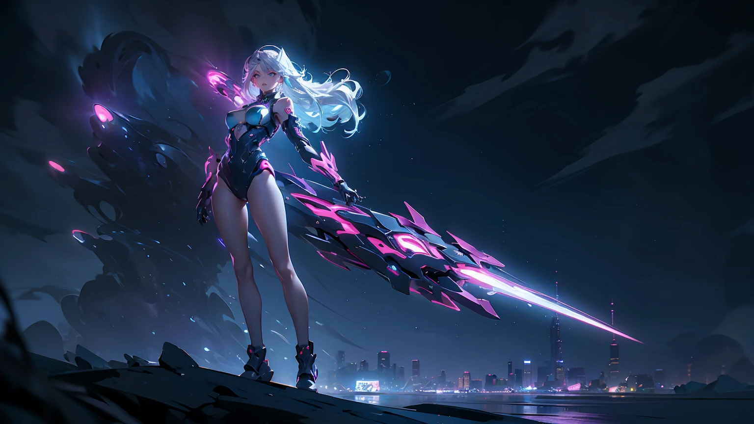 masterpiece, Highest quality, One girl, Ives , Mecha, Beautiful lighting, (Neon Light: 1.2), (night: 1.5), "masterpiece, Highest quality, One girl, Full body portrait, Sensual pose, blue eyes, multicolored+Silver Hair:1.3+red:1.2+purple+yellow:1.3+green:1.3, Sculpted legs and seductive curves, Ample breasts, Pretty face, lots of water droplets, cloud, Twilight, Open Shot, watercolor, Neon Light: 1.2, night:1.5, Mecha, Beautiful lighting, 明るいNeon Light: 1.2, unforgettable mysterious night: 1.5"