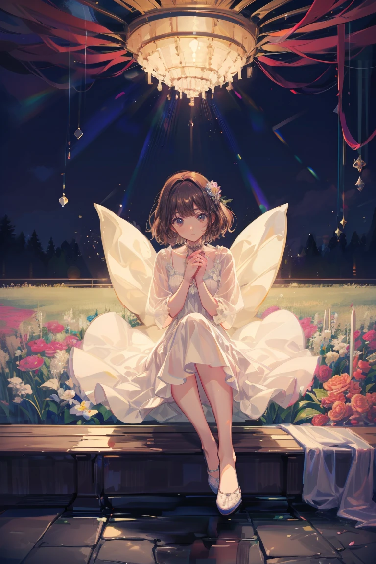 (Highest quality,4K,High resolution,masterpiece:1.2),Very detailed,Realistic:1.37,,(whole body, I can see your feet and your shoes: 1.2),、Anime Style、Storytelling、beautiful、とてもcute天使、Cream dress、cute、、Pure、Long skirt、 Delicate facial features,  Vermilion cheeks、青いFlower Field、Flower Field、Dark brown hair、short hair、Transparency、Backwards、Dark brown eyes
