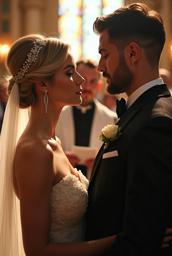 Cover for romantic novel where beautiful bride and groom positioned at the center, in front of Priest in beautiful and elegant church with soft lighting and full off guests. Bride and Grom stands separate. Cinematic action scene, highly detailed, wide shot, Low Angle Shot, 4K, highly detailed, epic scene, dynamic scene. The Priest stands between the bride and groom, reciting vows. MALEFICENT DANICA, an elegant bride in her 30s. The woman appears elegant and romantic. Her hair is styled in an updo, with her blonde or light brown hair gathered at the back of her head. A decorative hair accessory, resembling a floral or jeweled headband, adorns her hairstyle. She wearing a luxury wedding, as her shoulders and upper chest are bare. The woman is wearing earrings that appear to be dangling or drop-style, adding to her sophisticated look. Her makeup is noticeable but elegant, with what appears to be darker eye makeup enhancing her eyes. Her facial expression is soft but tense. Her eyes are nearly closed, and her lips are slightly parted, conveying a sense of emotional anticipation. PEYGAN SINCLAIR, a handsome man in his early 30s. The man looks elegant and stylish. He has short, styled hair with a light wave, appearing brown in color. He has a well-groomed beard and mustache that complements his strong jawline. His skin tone is fair, and his features are sharp and defined. He is dressed in a classic black suit with a white shirt and bow tie. His facial expression is calm and focused. His eyes are nearly closed. Overall, the man gives the impression of an elegant, well-groomed, and confident person. The lighting in the scene creates a soft outline of their profile, adding drama and depth to the image.