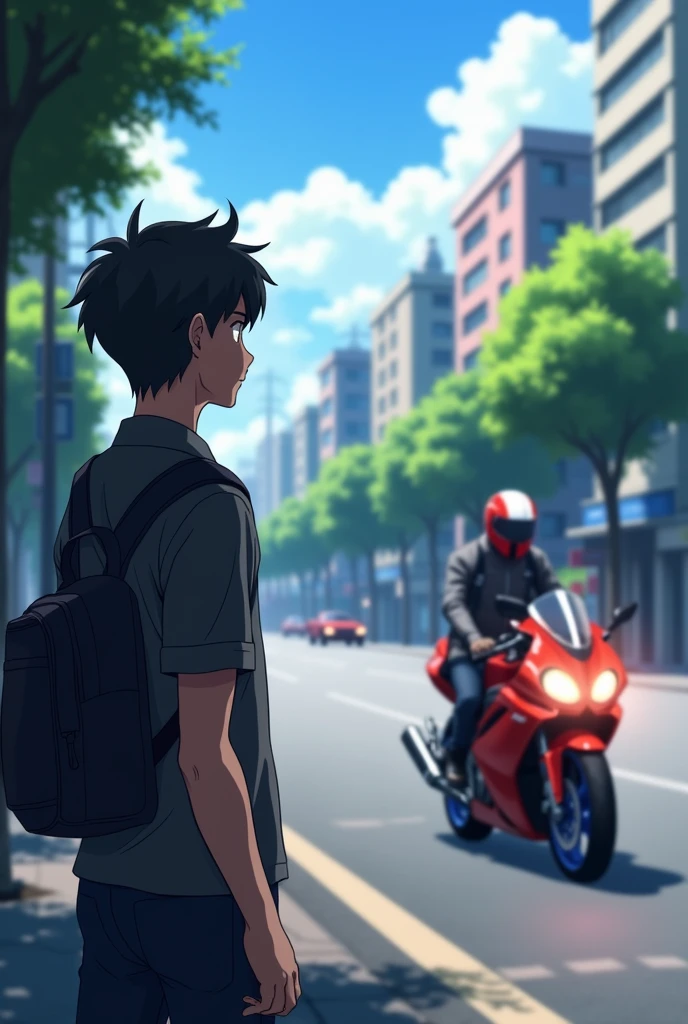 Man watching a motorcycle from afar on the other side of the street anime hd
