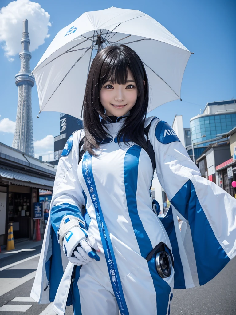 Japanese female android,Black Hair,White and blue robot suit,Plump,Posing as if looking up at Tokyo Skytree,smile,