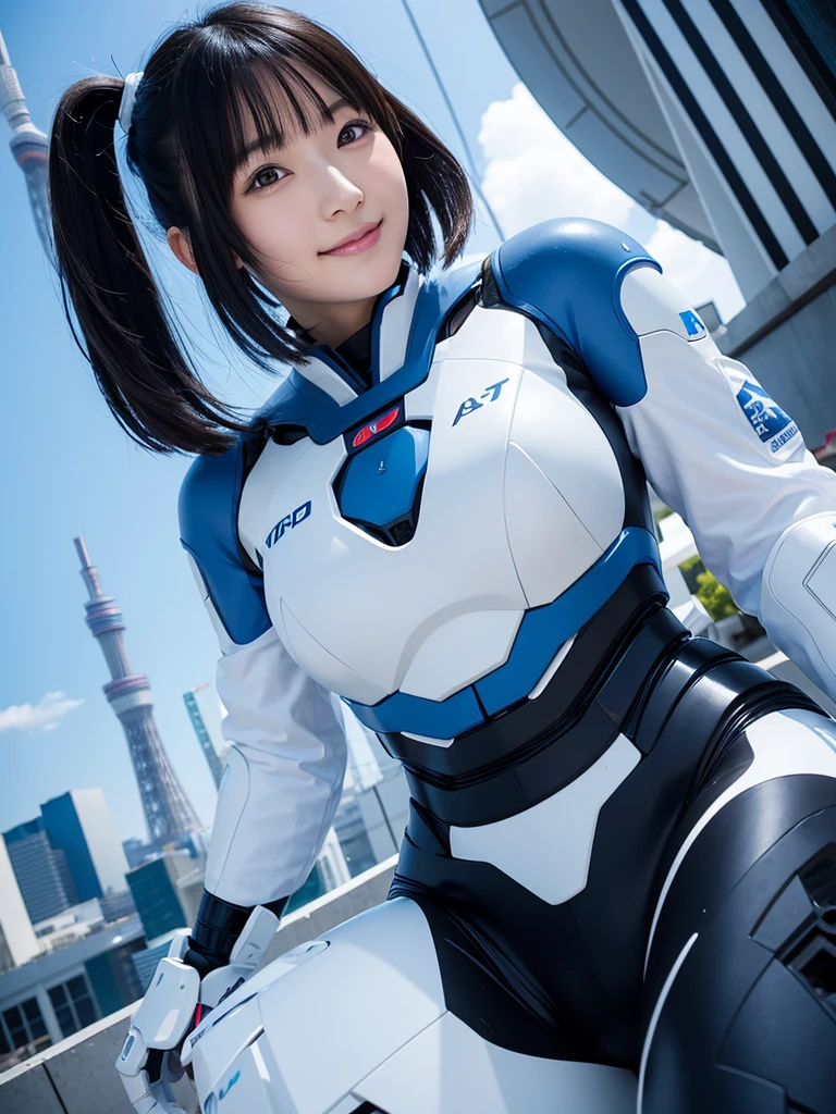 Japanese female android,Black Hair,White and blue robot suit,Plump,Posing as if looking up at Tokyo Skytree,smile,