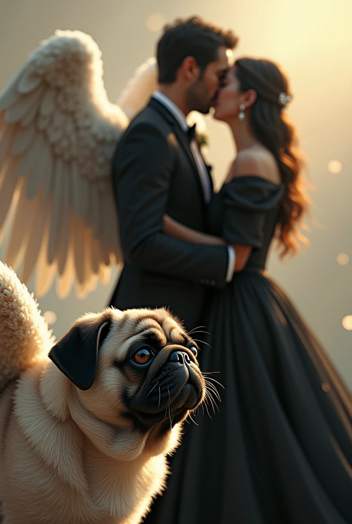 A pug dog with angel wings Happy, looked at an adult man and an adult woman, hugging each other in black clothes