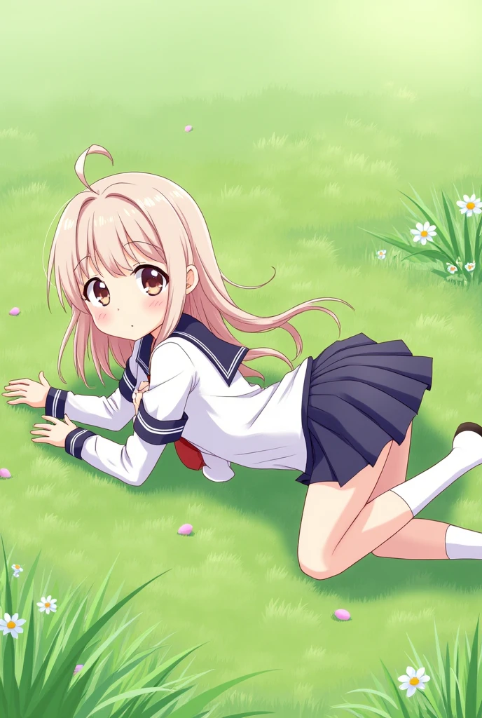 Anime girl in school uniform lying on her stomach on grass