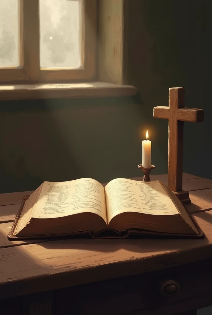 Imagine a painting of an open Bible placed on a rustic wooden table. Soft, warm light streams through a nearby window, casting gentle shadows on the pages. The Bible's pages appear slightly worn, showing signs of frequent use. Surrounding the Bible are a simple wooden cross and a small, softly glowing candle. The background of the painting features a subtle blur of an old, peaceful room. The edges of the painting gradually fade into a white, misty border, as if the scene were merging with the ca