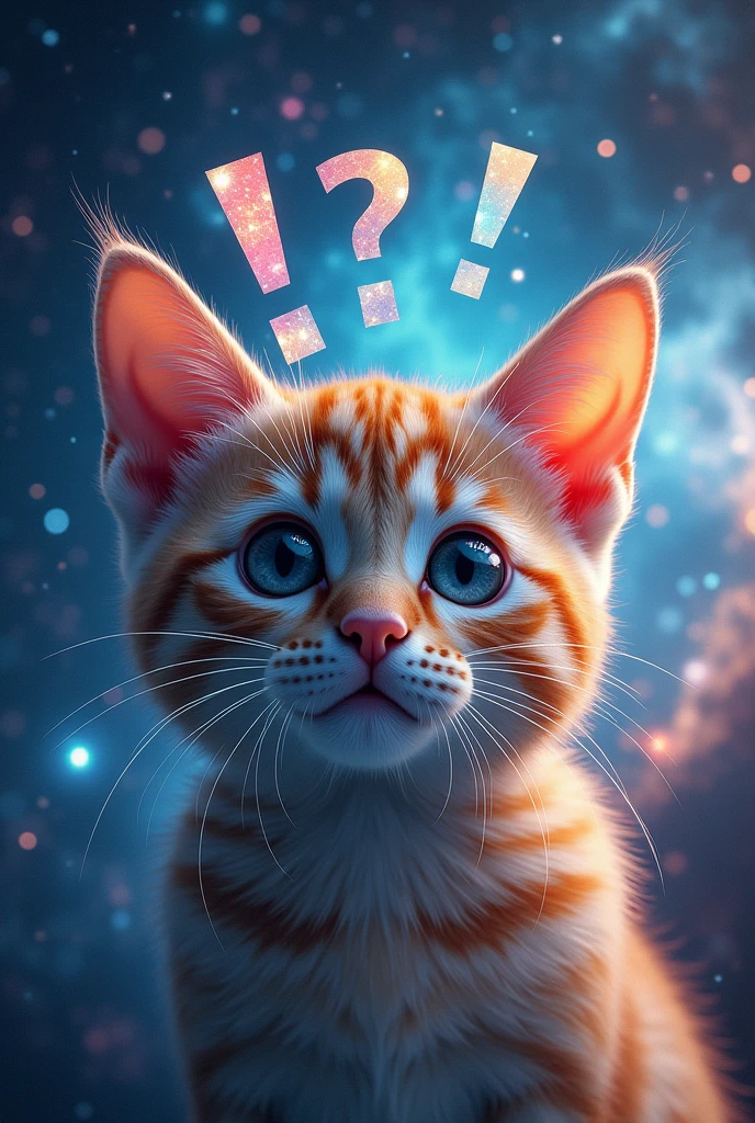 Close-up of a cat face, outer space in the background (stars and galaxies shining beautifully), space cat, large "!?" on the screen is written in large letters on the screen,