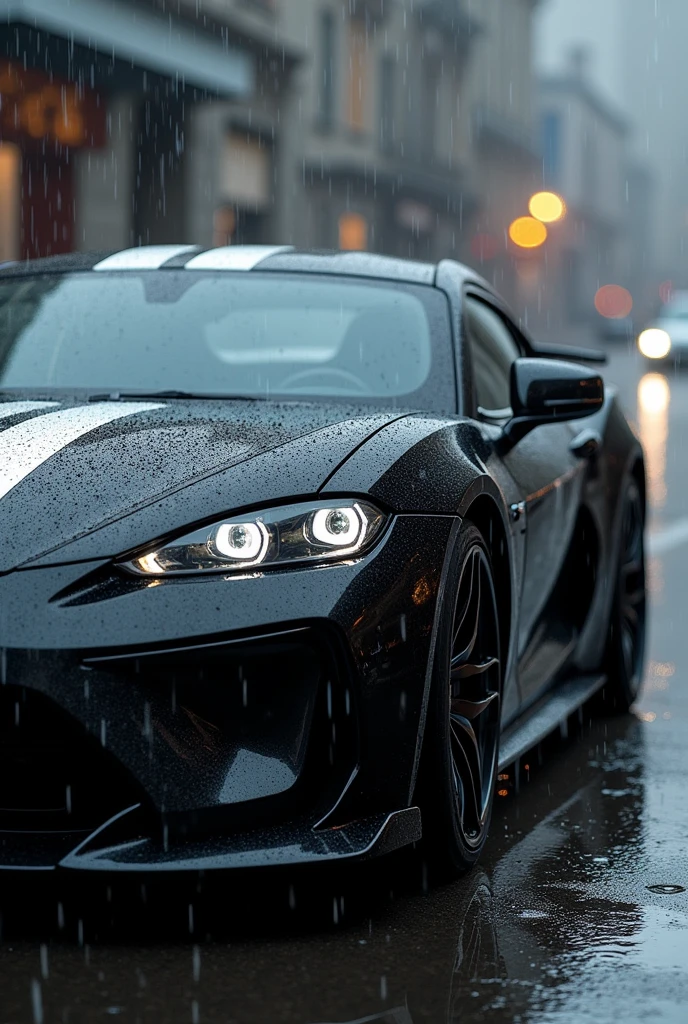 Black sports car with white accents and black chrome wheels, in the rain blurred images in the background High resolution
