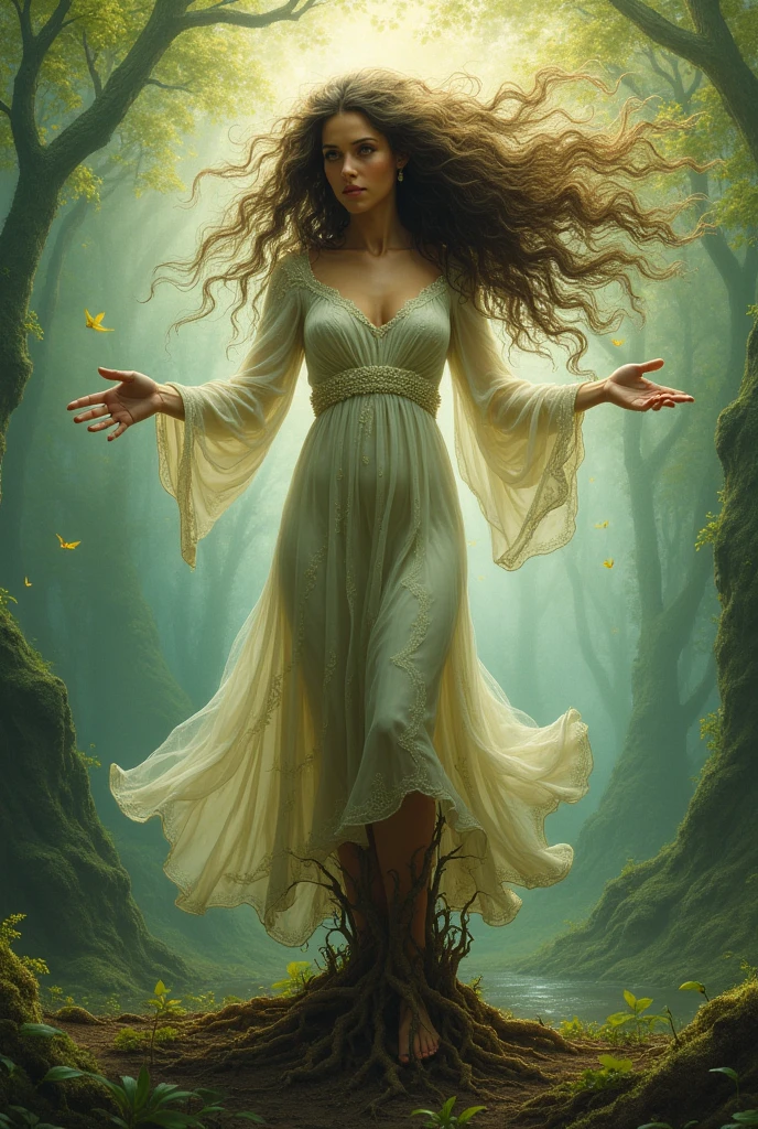 Woman with rooted feet rooted feet with curly hair with arms open modestly 