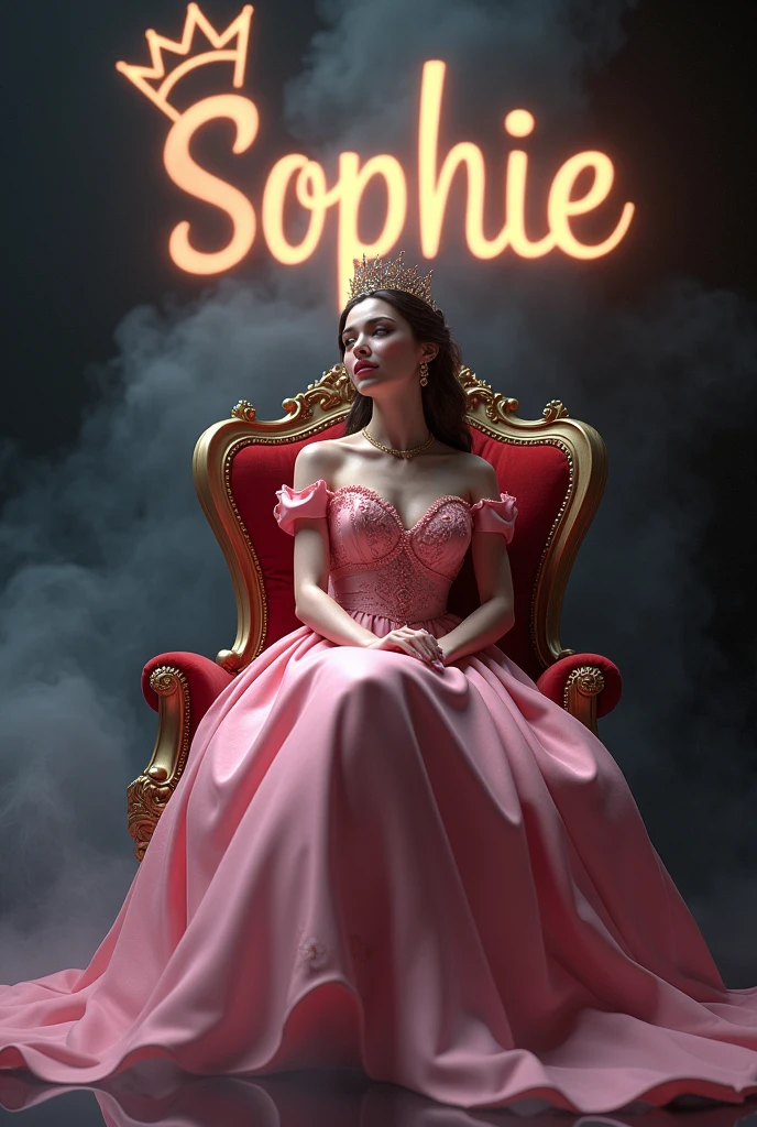 Create a disney princess avtar full body image where a woman wearing pink luxury princess dress and sitting on king size chair with crown 👑, she's crossing her hand, there is smoke in background a shadow. Make her name visible and clear In background the name "sophie" bold and glowing, showing in bold reflection in shadows.