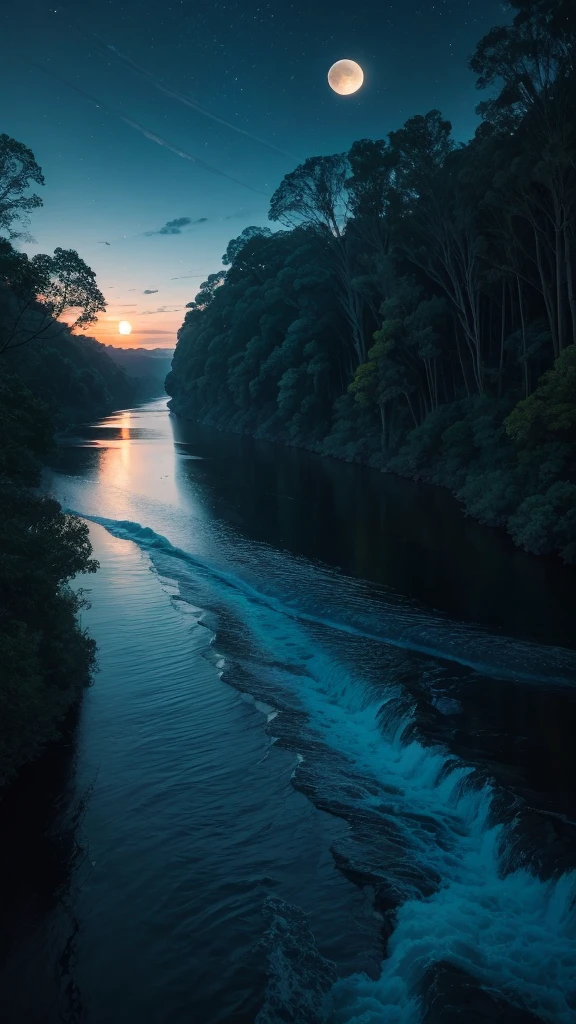 Usumacinta River, trees, Streams, , bottom: background moon, Activity: Singing, image quality: impressive details, aspect ratio: 16:9, Emotional state: Fullness, energy: high, Structure: Structuredo, camera angle: dynamic angle, Camera angle position: Drone view, Lens settings: 50m Lens, type of light: Blue Hour