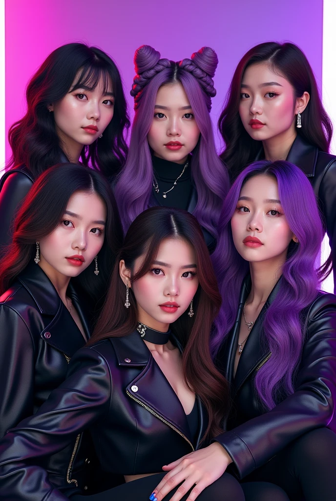 6 girls with different hairstyles dressed in purple metallic and black (kpop inspired)