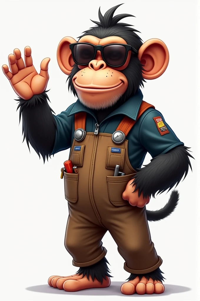 Chimpanzee wearing mechanic suit, may be a boiler suit, sunglass in eyes one hand waving at us,
the other hand is holding a tool.
Some tools are peeking out of his pockets.
His name is Gribo the Chimp.
A cartoon image
An adult chimp
No visible tail