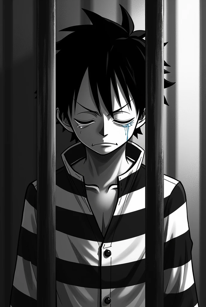 Monkey D. Luffy in a black and white striped long sleeve prison uniform with his eyes closed teary and crying inside a jail