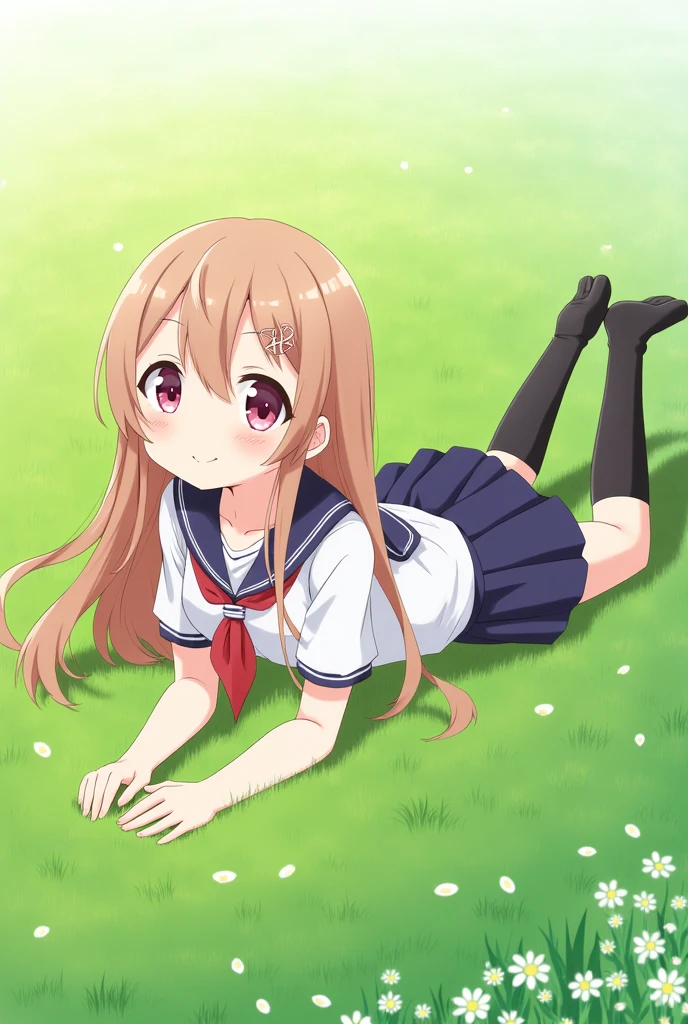 Anime girl in school uniform lying on her stomach on grass
