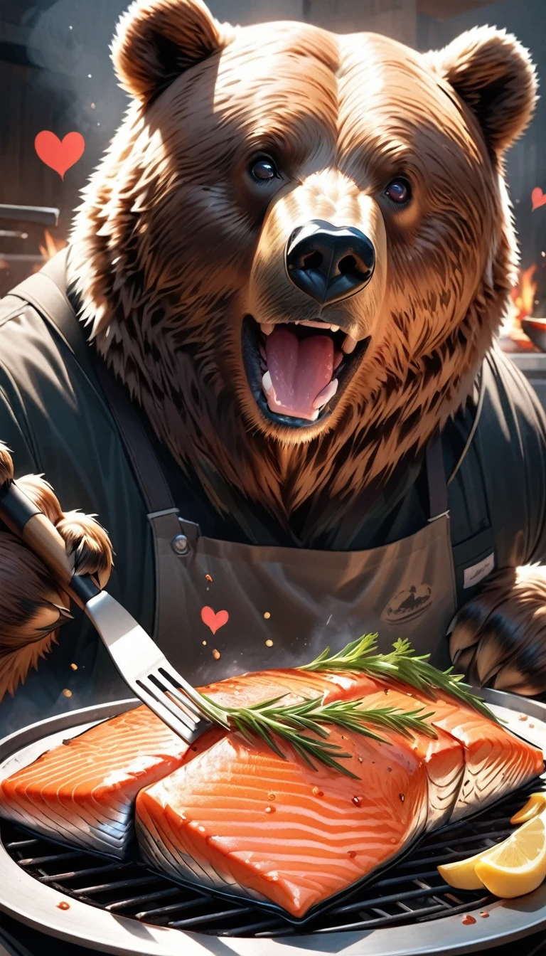 Ultra-Realistic, Brown Bear, Brown bear grilling salmon, Holding a spatula in its front paws, It looks very delicious cooked., (Heart Eyes:1.37,) Drooling, appetite, Hunger, patience,