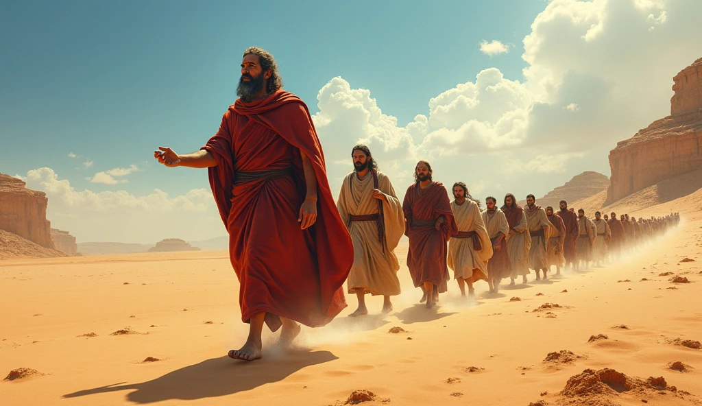 Create a detailed image of Moses leading his people through the desert