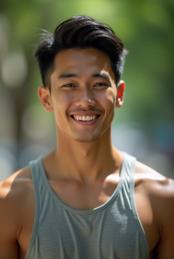 Niran is a young Asian man in his early 20s, with an athletic build that reflects his active involvement in campus activities. He has short black hair and a warm, determined expression. His eyes are sharp and convey a sense of urgency and empathy. and in real human picture.
