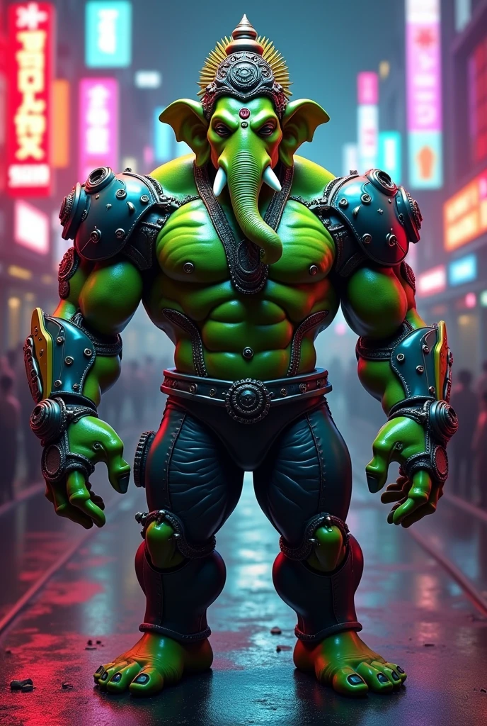 Lord Ganesha in hulk body in neon light  in robotic body