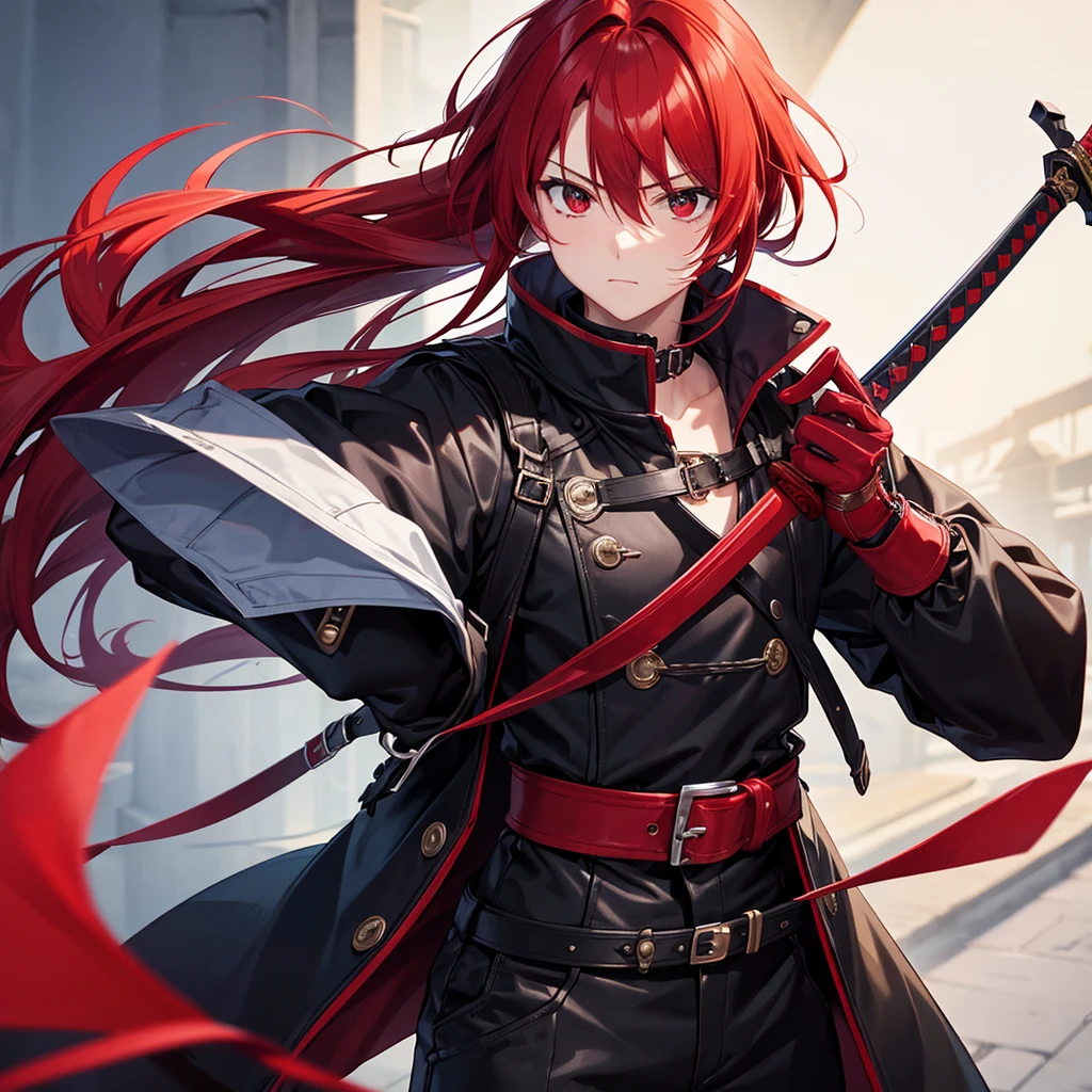 cool、Cool vibe、Red hair、Black coat、Legendary Sword、1 male、肩にcoolカラス、High resolution