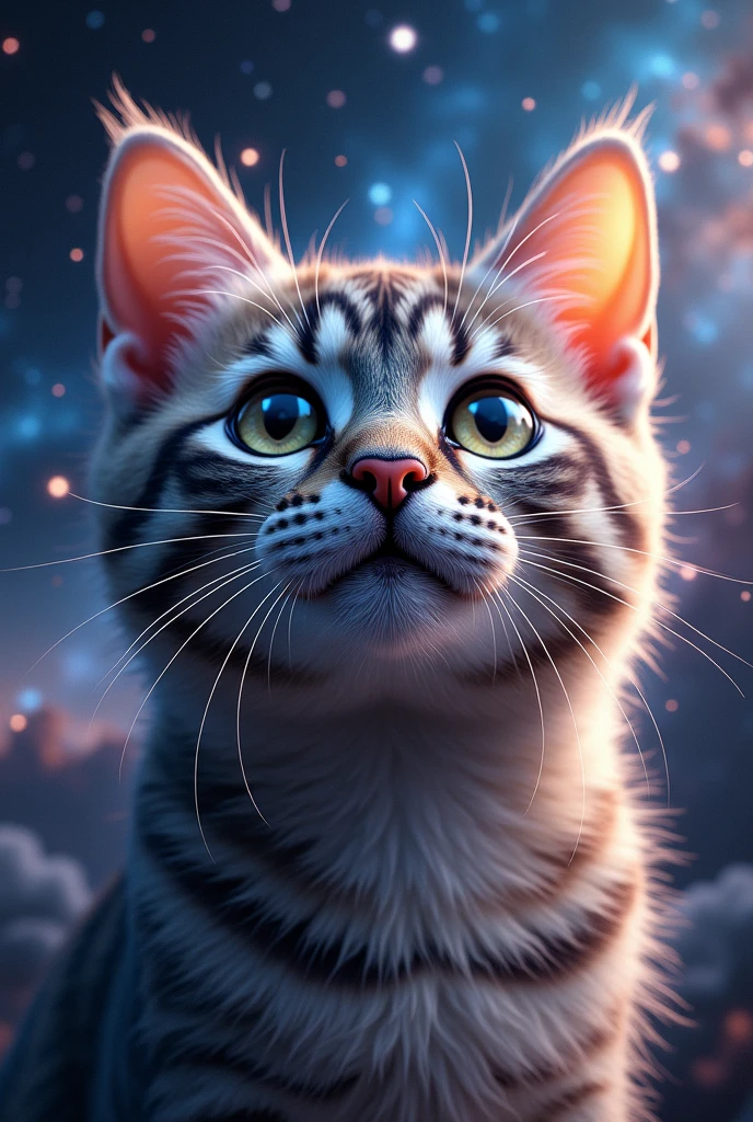Close-up of a cat face, outer space in the background (stars and galaxies shining beautifully), space cat, large "!?" on the screen is written in large letters on the screen,