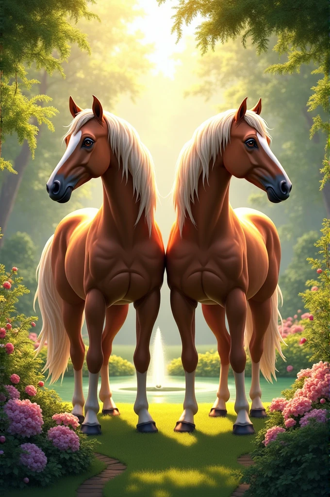 Two horses side pose standing in beautiful garden 