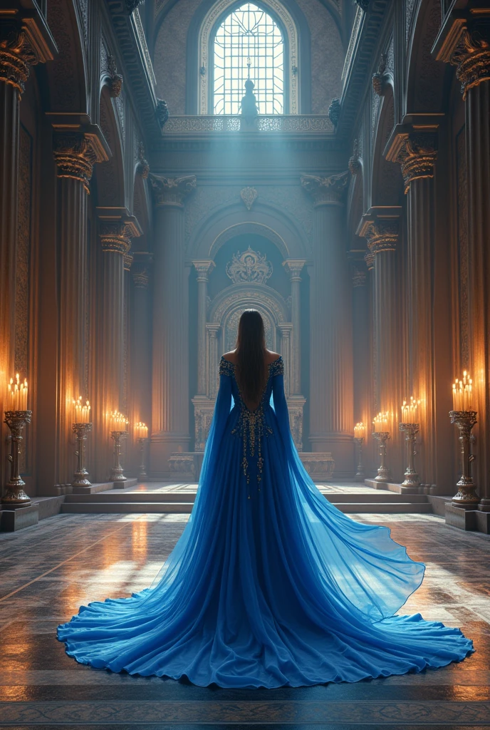 Woman in beautiful blue dress with cape is walking through the room to the throne in a beautiful castle. the king is standing in front of the throne facing the woman at the altar in a beautiful blue outfit