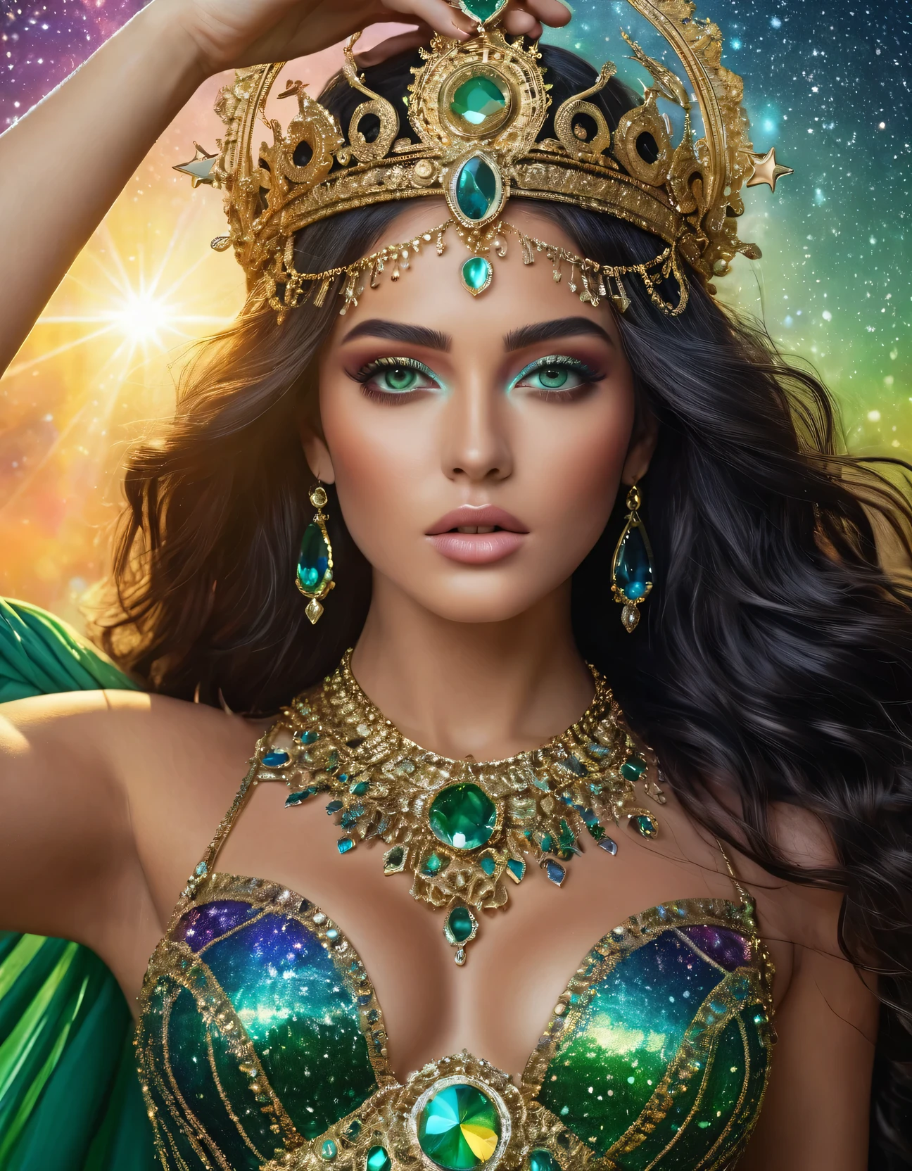 (High quality, a work of art, ultra detailed) (detailed hands) Zodiac Sign - Libra Goddess, similar to delicacy and kindness, detailed face, expressive green and clear eyes, vibrant image, productive, enterprising and humanitarian, scales of balance in hand, Style, impulsive, creative, impatient and assertive. flowing black hair dotted with star sparkles, transparent iridescent dress in rainbow hues, in the air with the sun in her hair, full body, crystal clear eyes (detailed eye). strong and powerful makeup. Goddess of the air, breathtaking image, 8k, UHD.