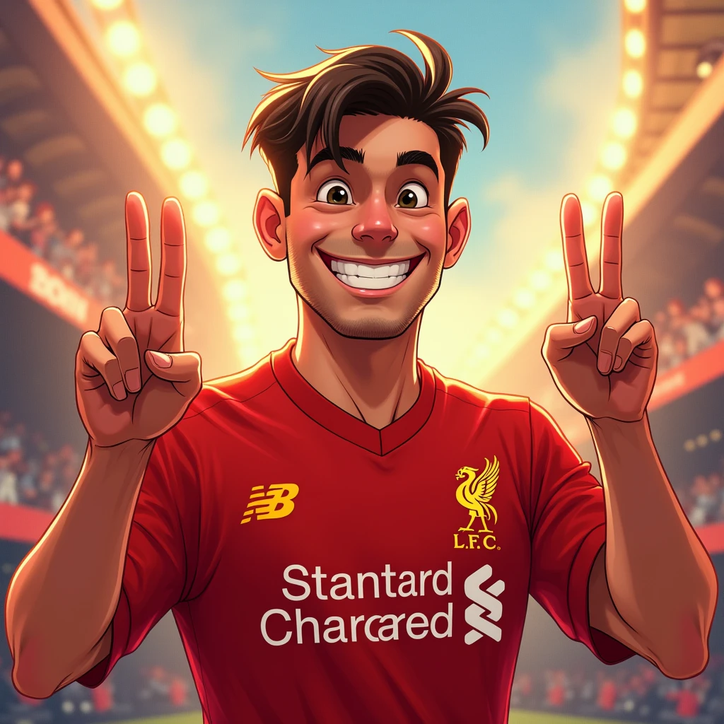 A handsome man smiles in a Disney style and holds up two fingers while wearing a Liverpool football shirt. standing in cartoon style illustration Detailed and colorful High quality, realistic photography dynamic poses color