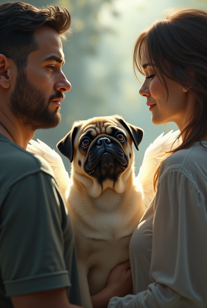 A pug dog with angel wings Happy, looked at an adult man and an adult woman, sad about the dog's death