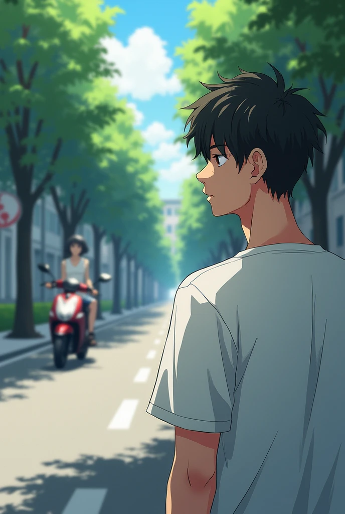 Man in white t-shirt watching a motorcycle parked on the other side of the street from afar anime hd
