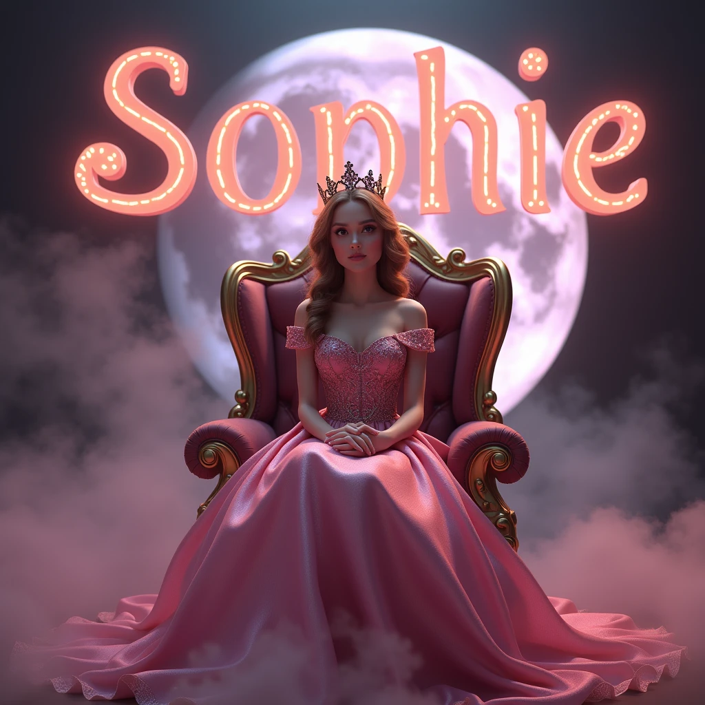 Create a disney princess avtar full body image where a woman wearing pink luxury princess dress and sitting on king size chair with crown 👑, she's crossing her hand, there is smoke in background a shadow. Make her name visible and clear In background the name "sophie" bold and glowing, showing in bold reflection in shadows. In background there's is a cute realistic moon with Disney effects