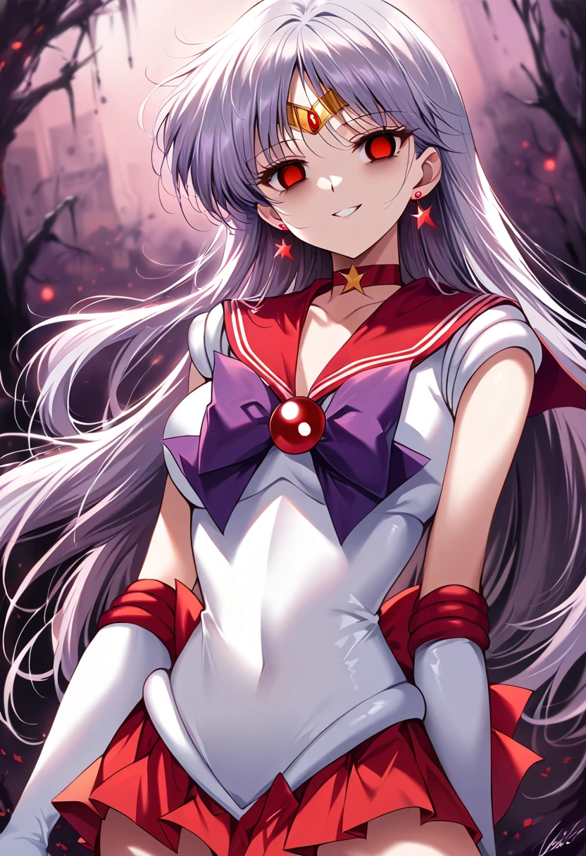 (masterpiece, Highest quality, so beautiful, Very detailed), Intricate details, 12k, Honestly, aamars, long hair, black hair, tiara, earrings, red choker, red sailor collar, purple bowtie, white shirt, elbow gloves, white gloves, pleated skirt, red skirt, bare legs, Are standing, Cowboy Shot,,(Wicked Smile:1.2), One person,(Silver Hair:1.4),(empty eyes,:1.4),From below,Watching the dawn,Dark aura,View your audience,(red eyes:1.2),