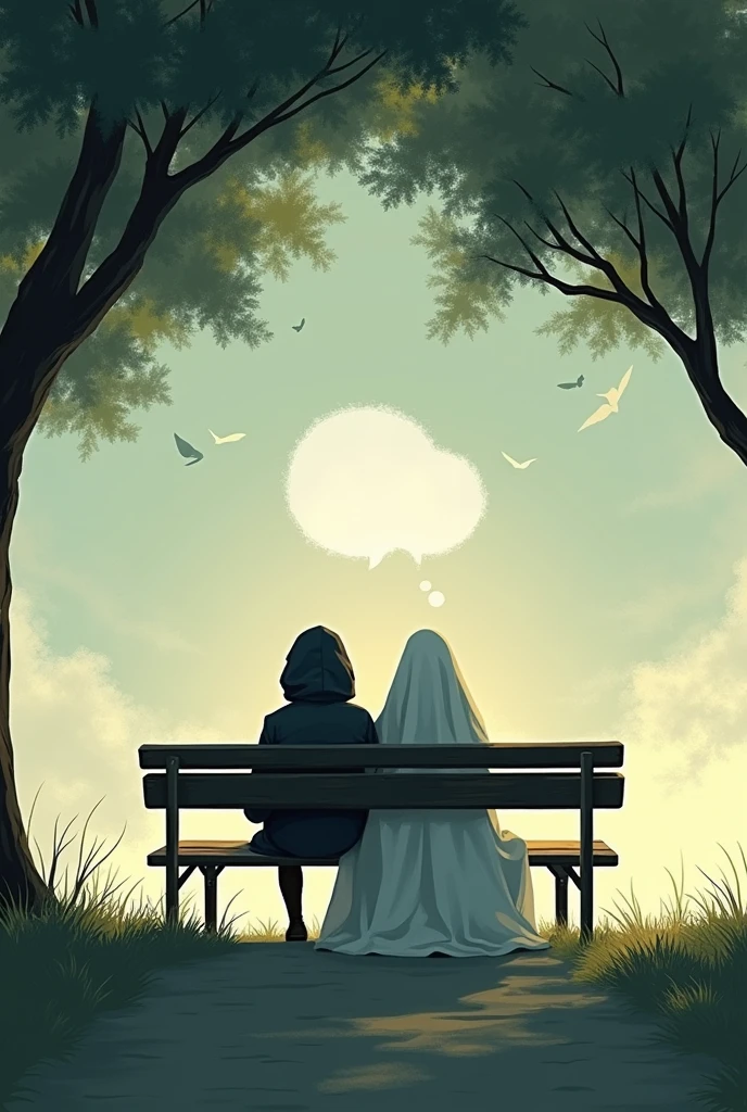 Create an image based on the description:
An illustration shows a park bench under a leafy tree, which represents a space of serenity and reflection. sitting on the bench, there are two figures holding hands, one taking care of the other. One of the figures is wrapped in a cloak of soft light, symbolizing concern for health and well-being. Around them, there are shadows representing feelings of confusion and hurt, bet, over their heads, there is a dialogue symbol: a word cloud