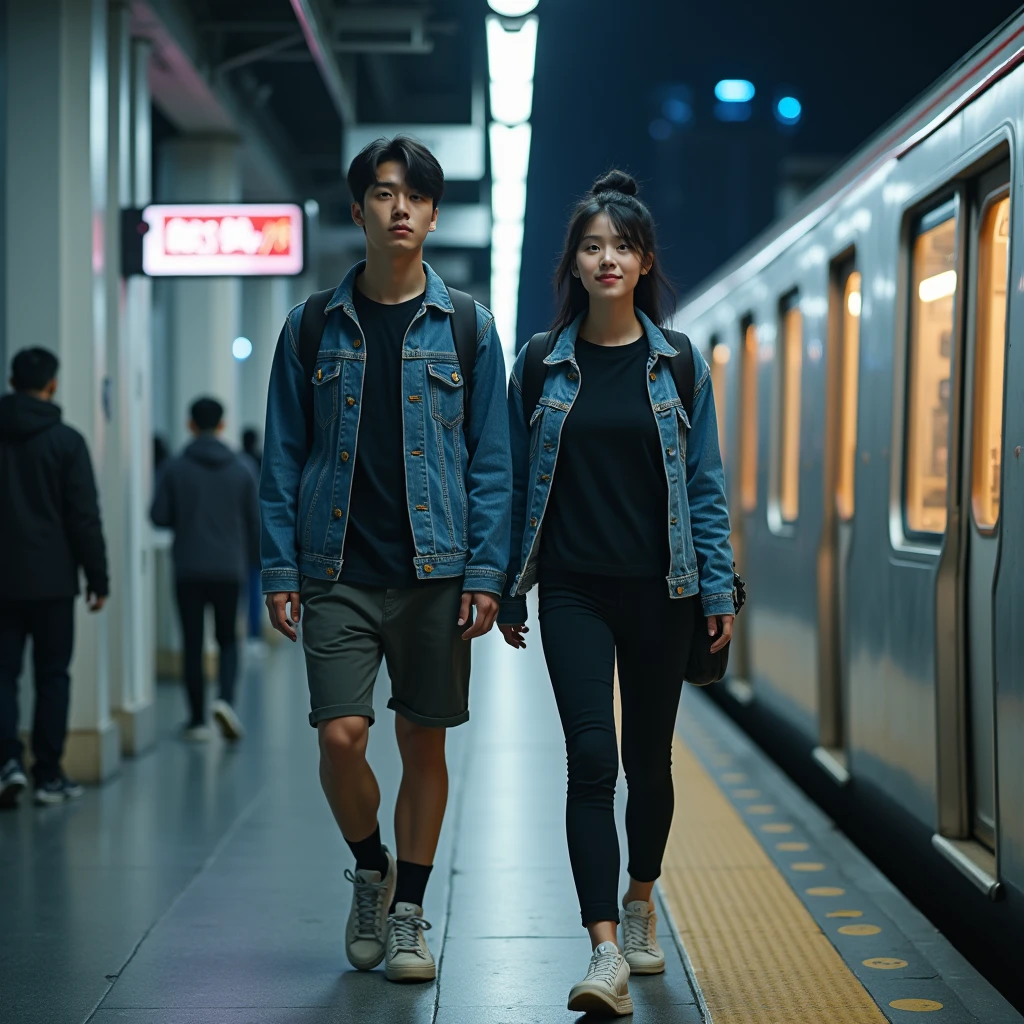 high resolution, full body view, photogenic, Japanese woman, beautiful radiant face, black hair in a bun, wearing a black t-shirt combined with a jeans jacket and sneakers, modern and stylish, combined with a small bag on her back, walking with a young man, clean face, train station environment in tokyo city at night, dynamic, very detailed