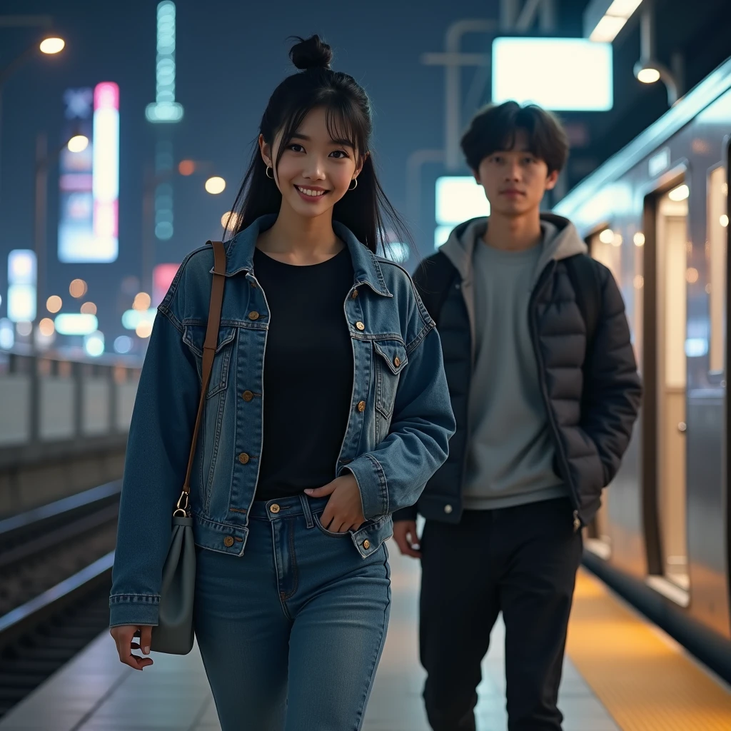 high resolution, full body view, photogenic, Japanese woman, beautiful radiant face, black hair in a bun, wearing a black t-shirt combined with a jeans jacket and sneakers, modern and stylish, combined with a small bag on her back, walking with a young man, clean face, train station environment in tokyo city at night, dynamic, very detailed