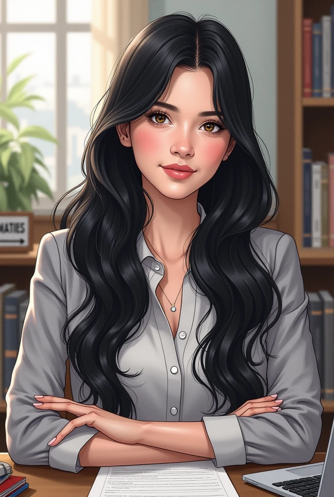 Drawing of a pedagogical coordinator with long black hair 