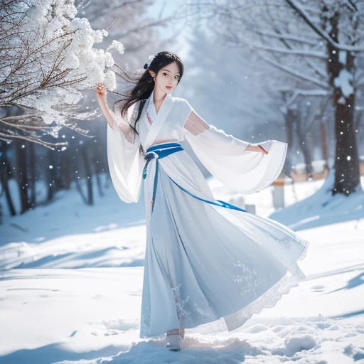 Best image quality，Very detailed，Very high resolution，Perfect body proportions，Works of top photographers。Beautiful Hanfu girl，Long eyelashes，big eyes，Shining eyes，Eye bags，Full lips，Small nose，Happy expression，Sweet，Exquisite makeup，full-body shot，snow White, The legs are thin and straight，Snow-white skin，White embroidered skirt，neckLace，Showing long legs，Lace，Sweet，Long hair flying，best quality，masterpiece，，Imagine，Seven-part shooting model: Hanfu, CFG scale: 7, Lola: Future Fashion(0.4)、rainbow(0.4)、Martial Arts(0.2)、Asian face woman-2(0.4)、Poetic fairy tale(0.01)