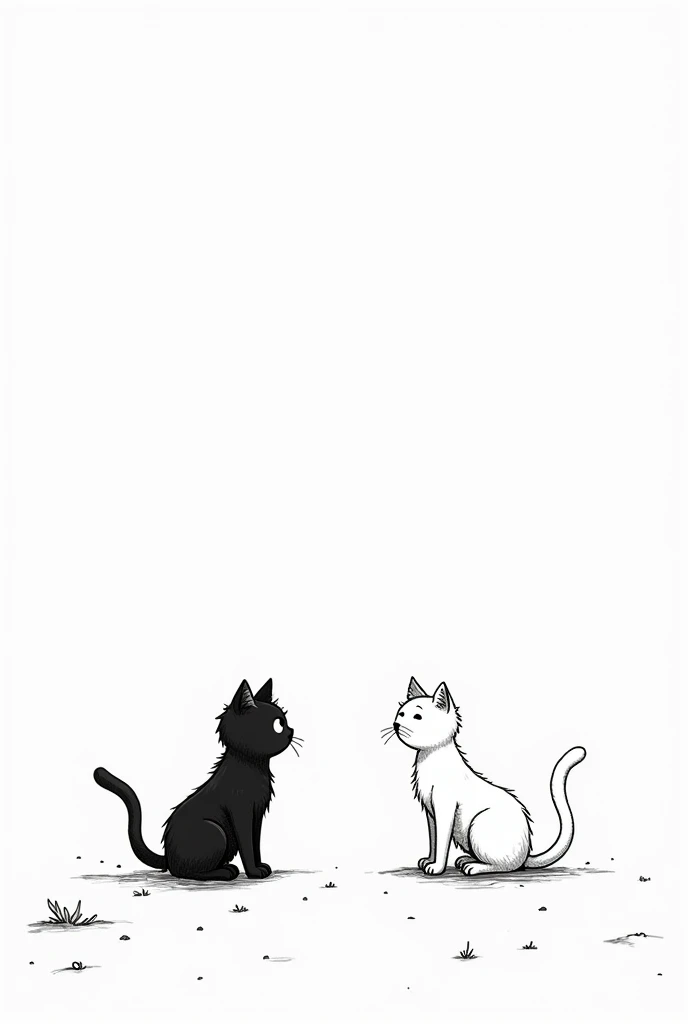 Simple anime drawing of two cats, in black and white far apart from each other with a fantasy aspect, no back ground