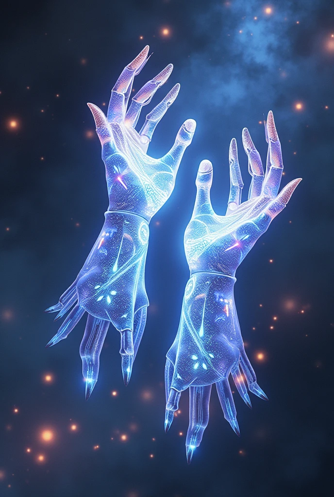 Imagine the "katana of the Cosmos", as shimmering, ethereal gauntlets that contains the essence of every weapon ever forged, its  a kaleidoscope of shifting forms and energies, representing the infinite possibilities of combat and creation, set against a backdrop of celestial battlegrounds and the echoes of eternal conflict.

