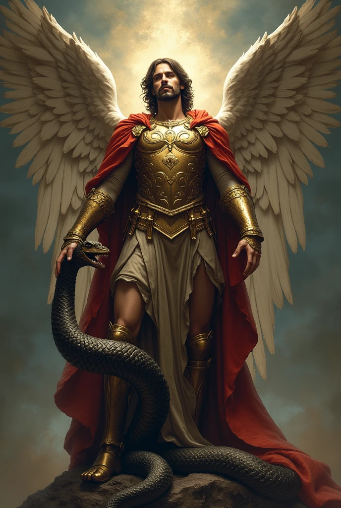 Image portrait tiles Saint Michael the Archangel stepping on Satan half body serpent