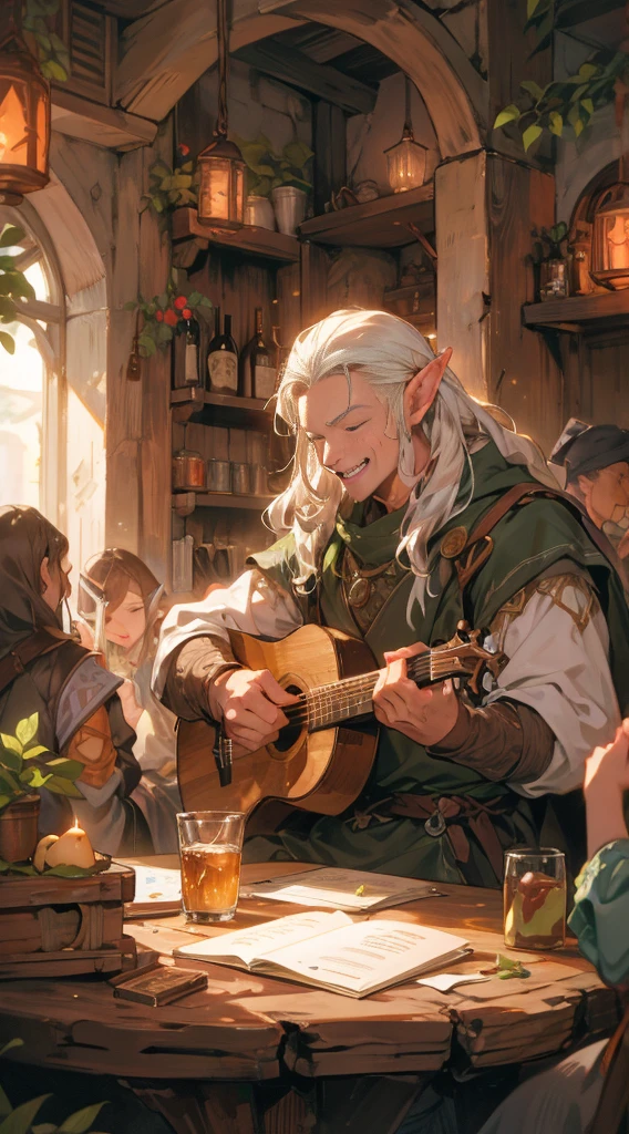 A lively fantasy tavern filled with diverse characters, featuring a human bard playing a lute, a dwarven blacksmith enjoying a drink at the bar, and an elven sage quietly reading at a nearby table. The tavern is warmly lit by lanterns and candles, with wooden tables and stone walls creating a cozy yet energetic atmosphere. The human bard is the center of attention, with a spotlight on him as he plays joyful music. The dwarven blacksmith is at the bar, laughing heartily with a large mug in hand, while the elven sage is seated at a quieter table, illuminated by a gentle light as they read a book. The scene captures the vibrant, welcoming spirit of a bustling fantasy tavern.