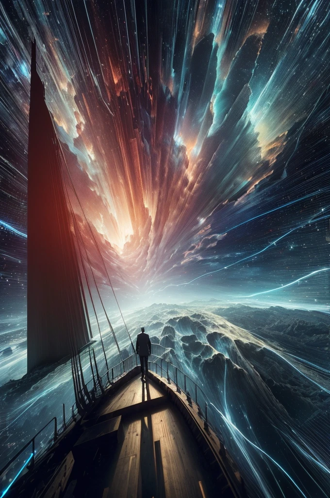 View Of a man's Back, atmospheric perspective, from behind, Surrealism, Conceptual art, Romanticism, cinematic lighting, chromatic aberration, speed lines, diffraction spikes, projected inset, anatomically correct, anatomically correct, anatomically correct, masterpiece, super detail, high details, high quality, best quality, highres