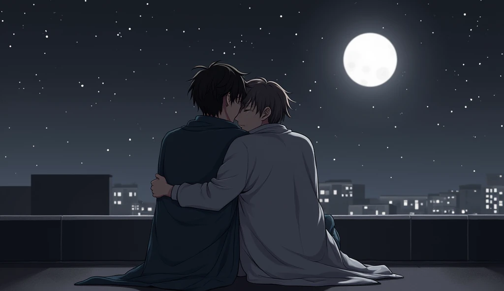 "On a quiet rooftop at night, two anime-style male characters are wrapped together in a cozy blanket. They are sitting close, embracing each other under the open sky, their bodies pressed together for warmth. One man rests his head on the other's shoulder, while the other gently holds him, their faces soft with affection. Above them, the moon glows brightly, and countless stars twinkle, adding a sense of serenity and romance to the scene. The city skyline is faintly visible in the background, but the focus is on the couple, their intimate moment framed by the black-and-white tones that enhance the peaceful and loving atmosphere."
