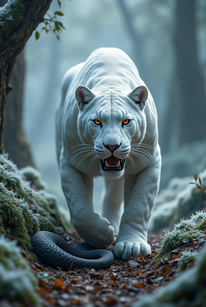 create 12k hd ultra-realstic white jaguar with death black mamba Die under the front footsteps of white jaguar in frosty jungle image will be very very realistic